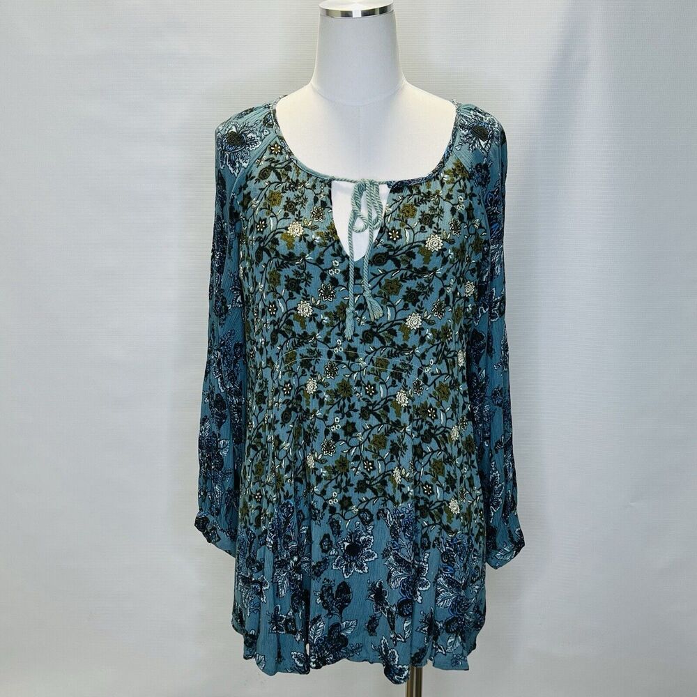 Free People Dress Womens Medium Lucky Loosey Mini Tunic Blue Paisley Floral Boho